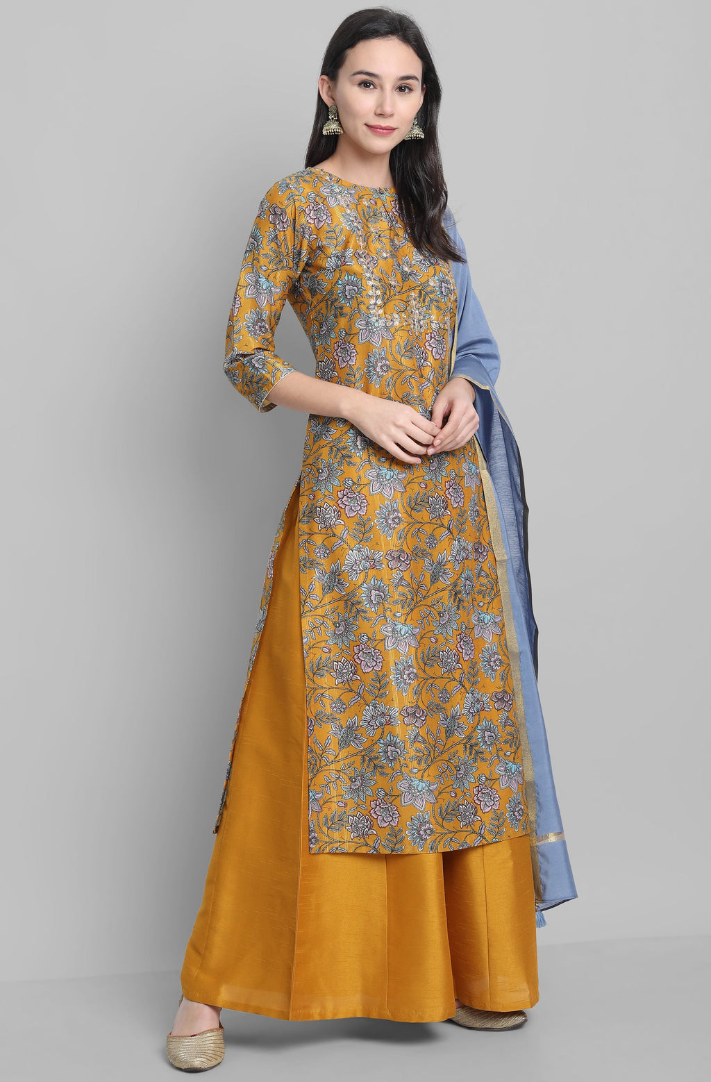 Janasya Women's Mustard Poly Muslin Embroidered Kurta With Palazzo And Dupatta - Distacart