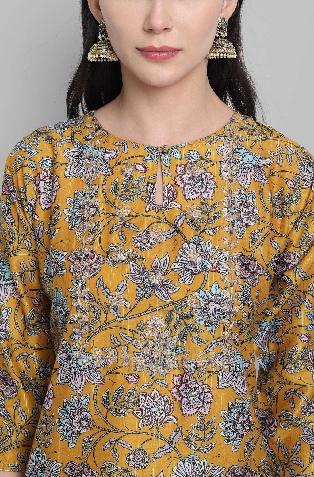 Janasya Women's Mustard Poly Muslin Embroidered Kurta With Palazzo And Dupatta - Distacart