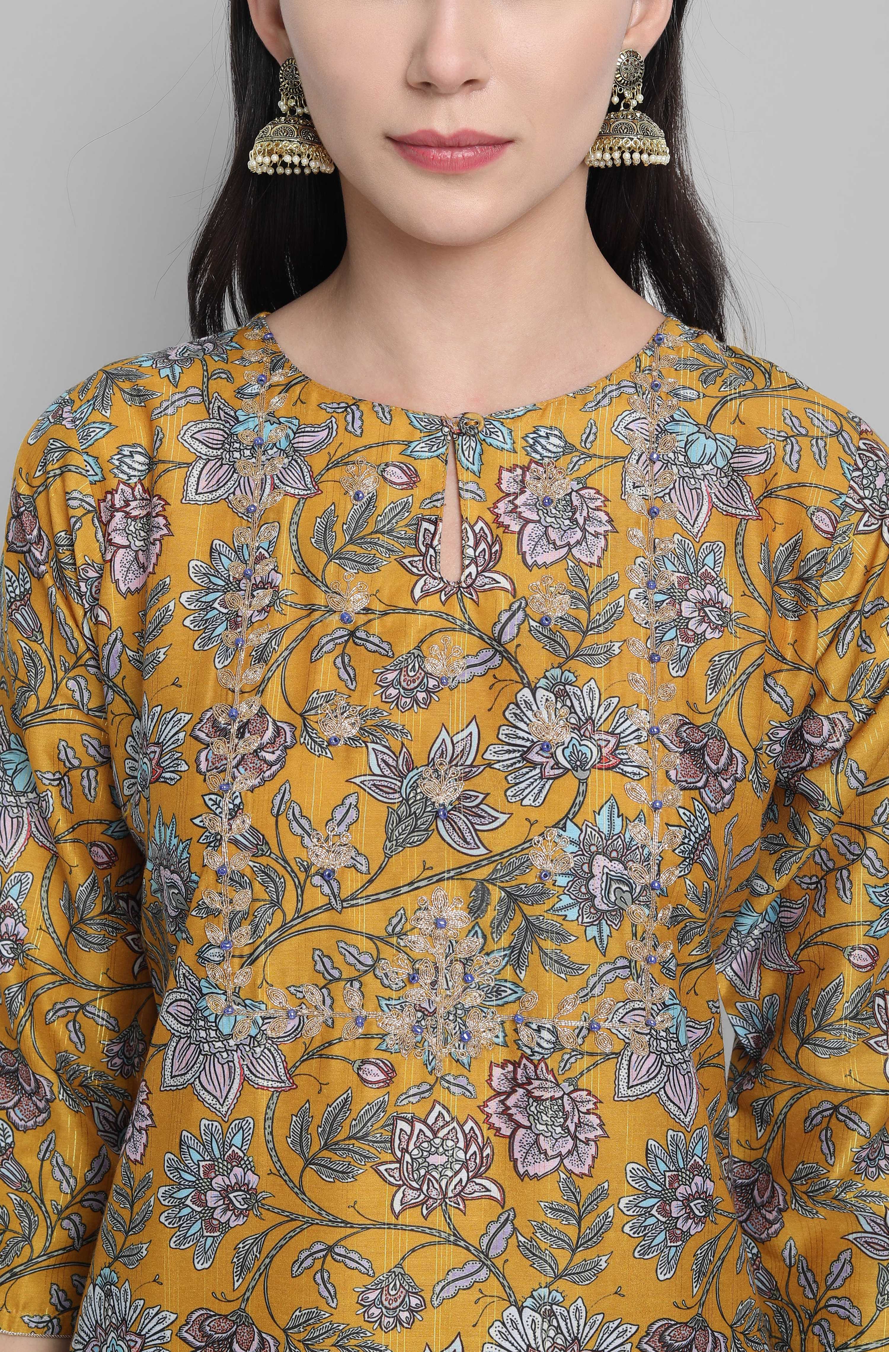 Janasya Women's Mustard Poly Muslin Embroidered Kurta With Palazzo And Dupatta - Distacart