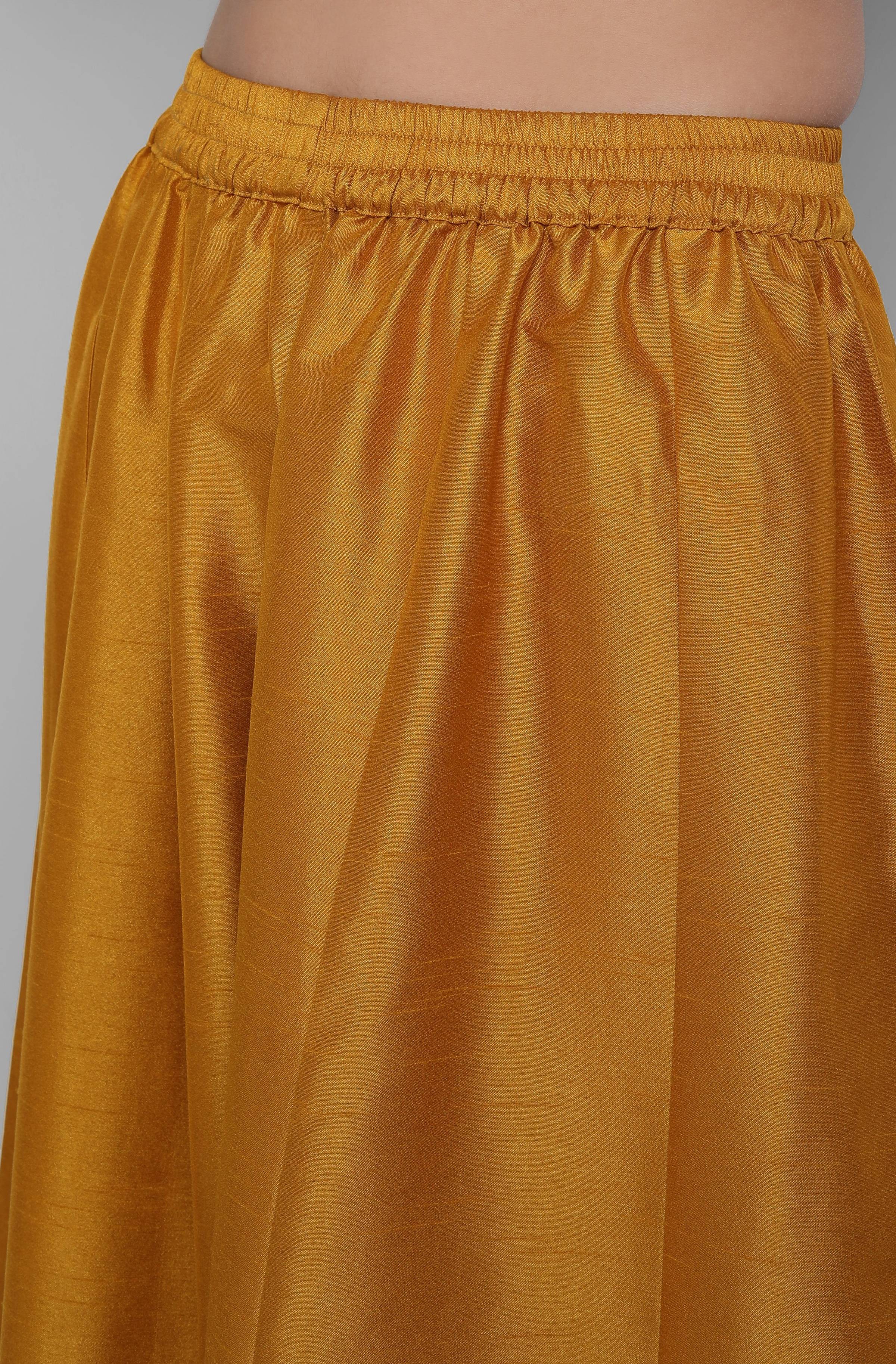 Janasya Women's Mustard Poly Muslin Embroidered Kurta With Palazzo And Dupatta - Distacart