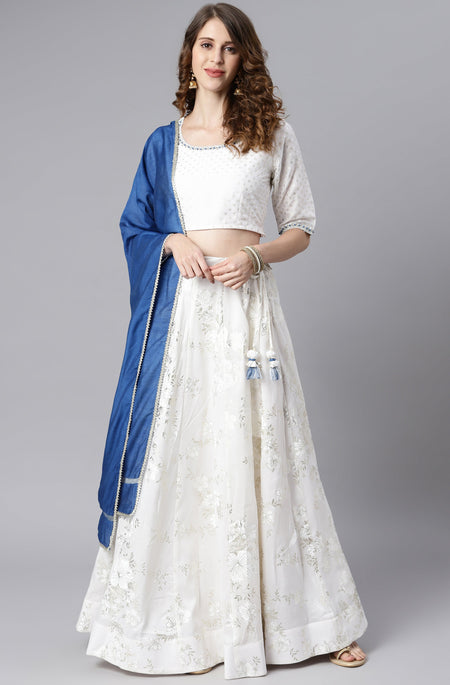 Janasya Women's White Poly Silk Floral Print Lehenga Choli With Dupatta