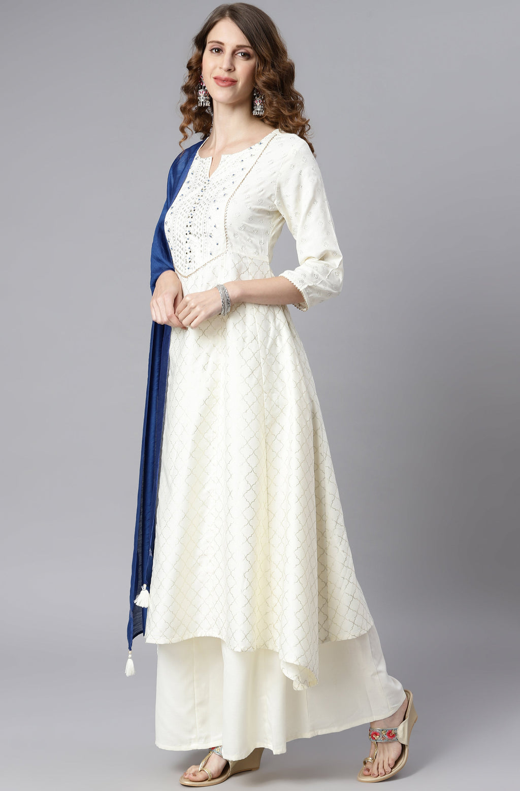 Janasya Women's Off- White Poly Silk Ethnic Motifs Kurta With Palazzo And Dupatta - Distacart