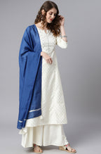 Janasya Women's Off- White Poly Silk Ethnic Motifs Kurta With Palazzo And Dupatta - Distacart