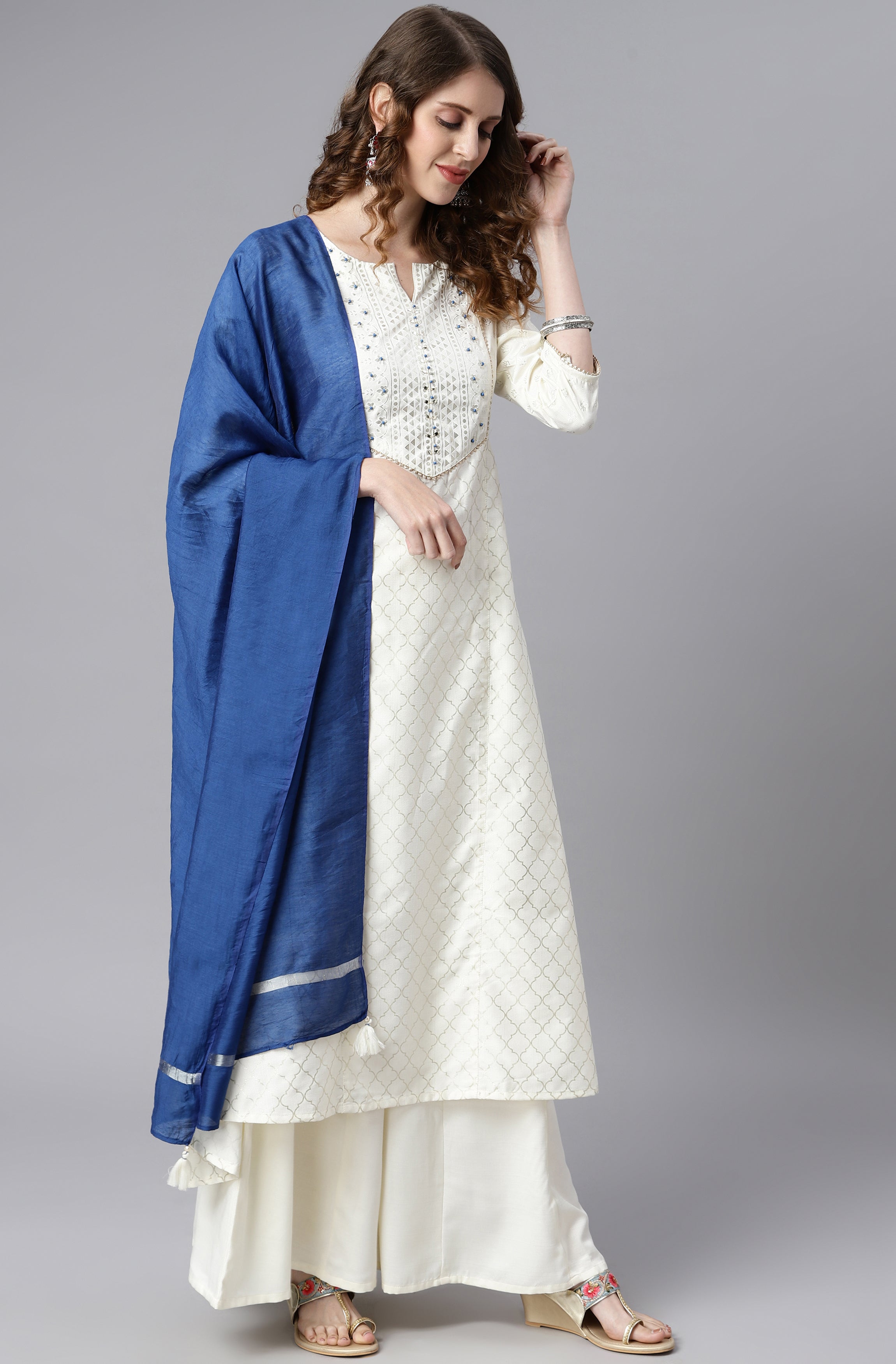 Janasya Women's Off- White Poly Silk Ethnic Motifs Kurta With Palazzo And Dupatta - Distacart