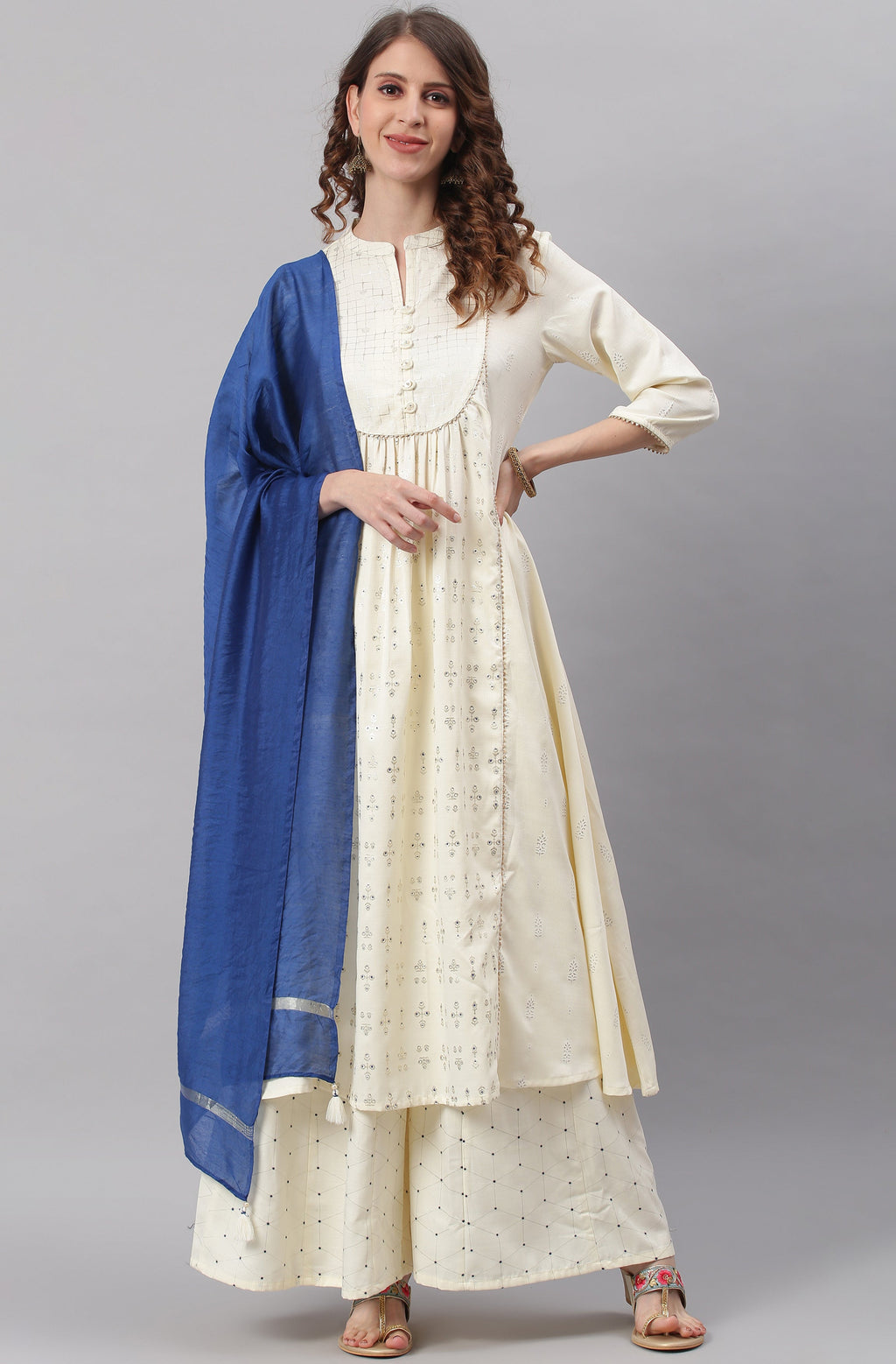 Janasya Women's Off- White Poly Silk Ethnic Motifs Kurta With Palazzo And Dupatta - Distacart
