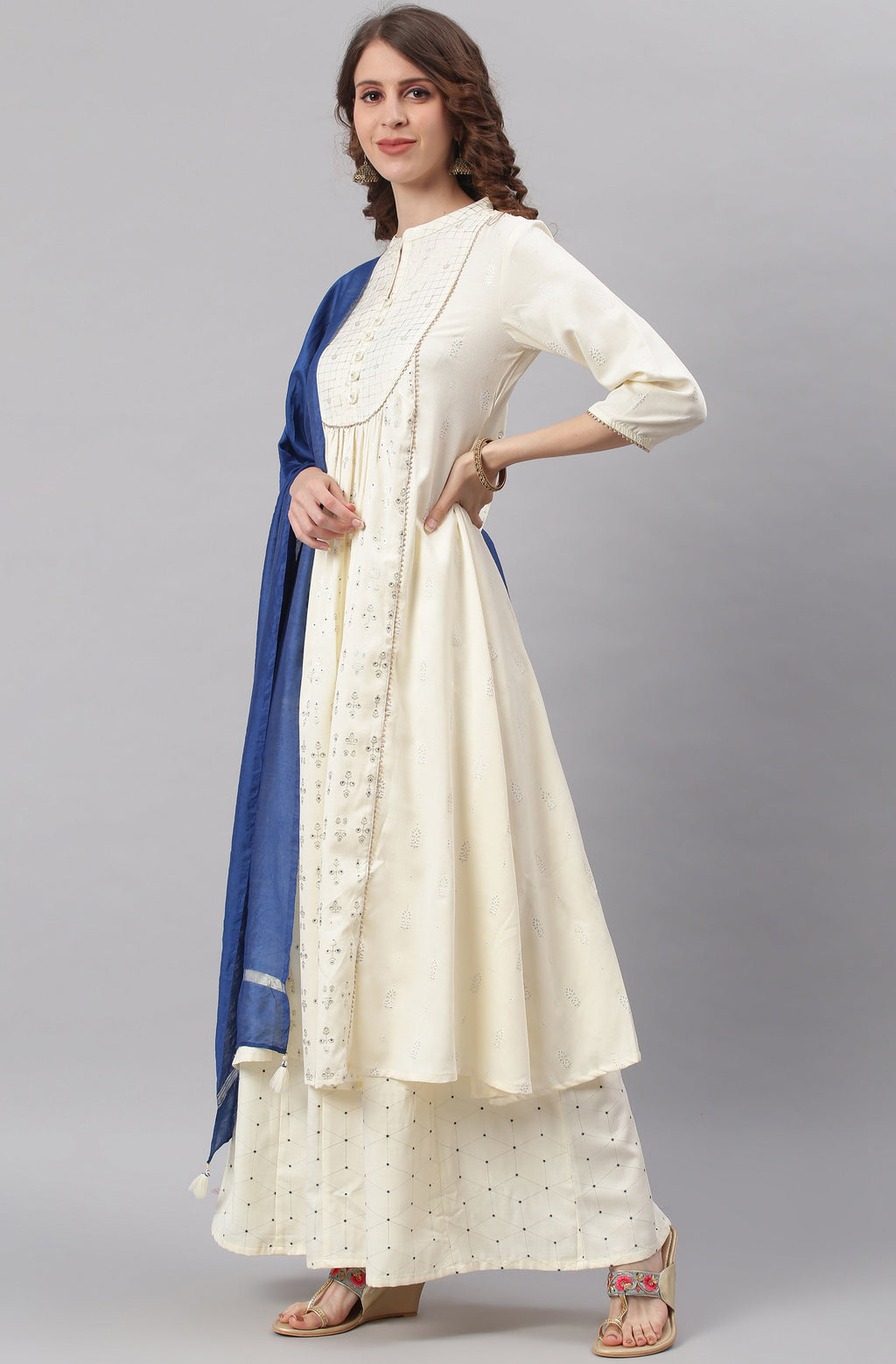 Janasya Women's Off- White Poly Silk Ethnic Motifs Kurta With Palazzo And Dupatta - Distacart