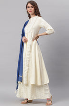 Janasya Women's Off- White Poly Silk Ethnic Motifs Kurta With Palazzo And Dupatta - Distacart