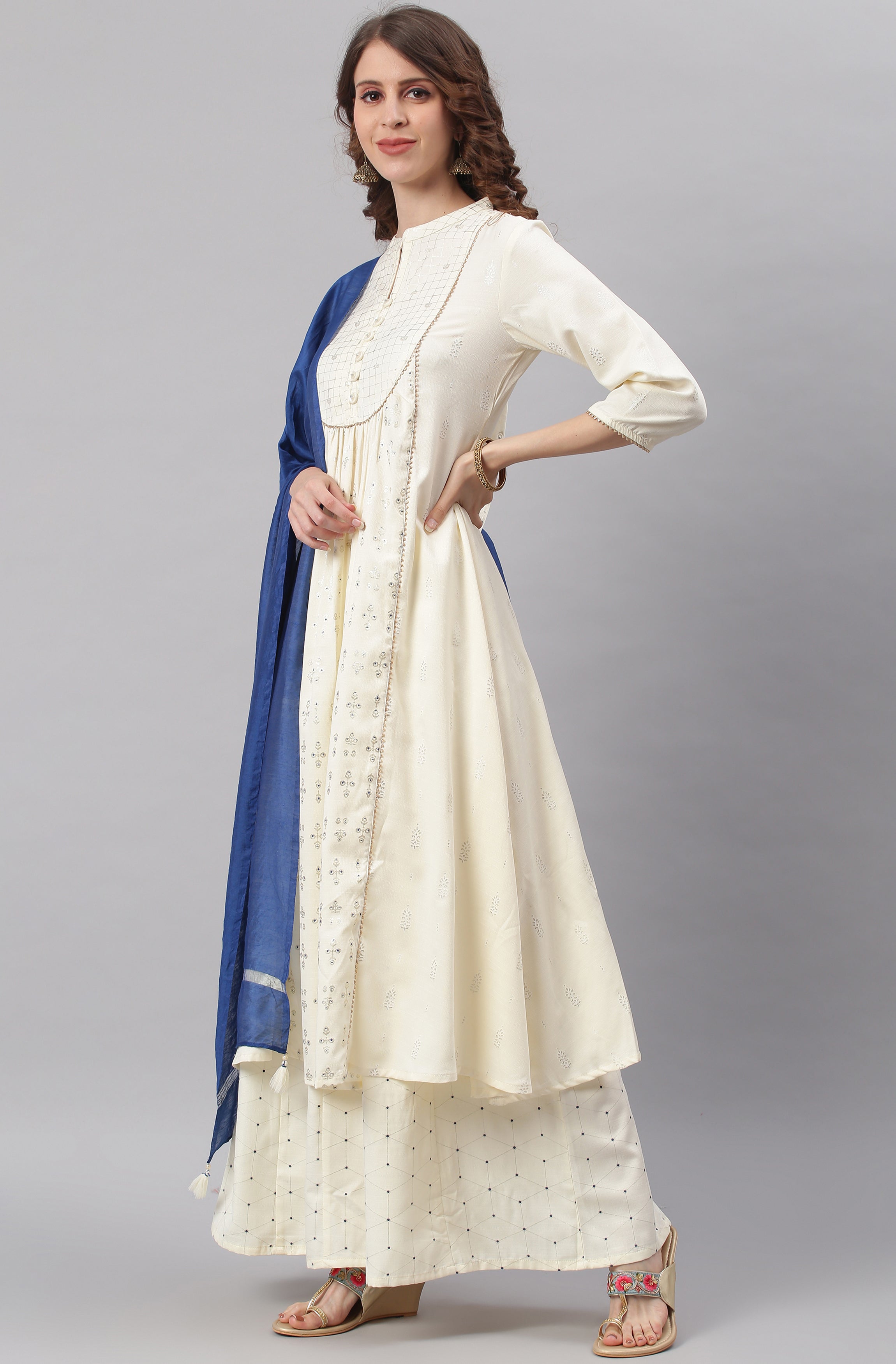 Janasya Women's Off- White Poly Silk Ethnic Motifs Kurta With Palazzo And Dupatta - Distacart