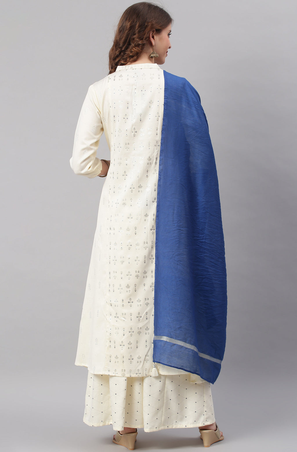 Janasya Women's Off- White Poly Silk Ethnic Motifs Kurta With Palazzo And Dupatta - Distacart