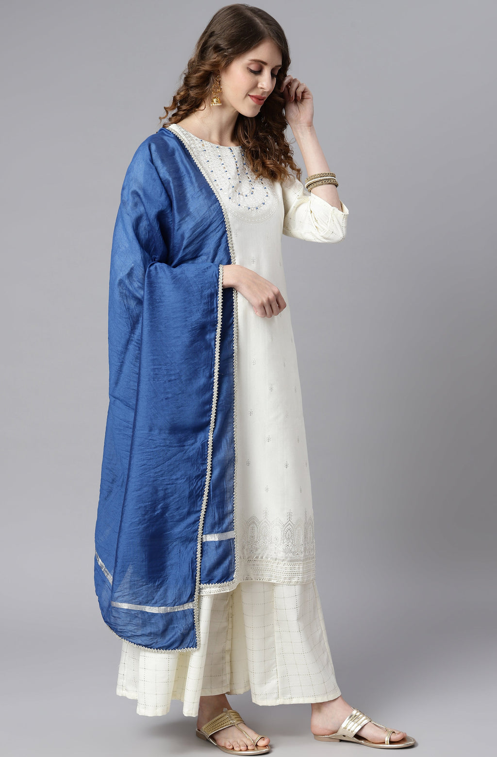 Janasya Women's Off- White Poly Silk Ethnic Motifs Kurta With Palazzo And Dupatta - Distacart