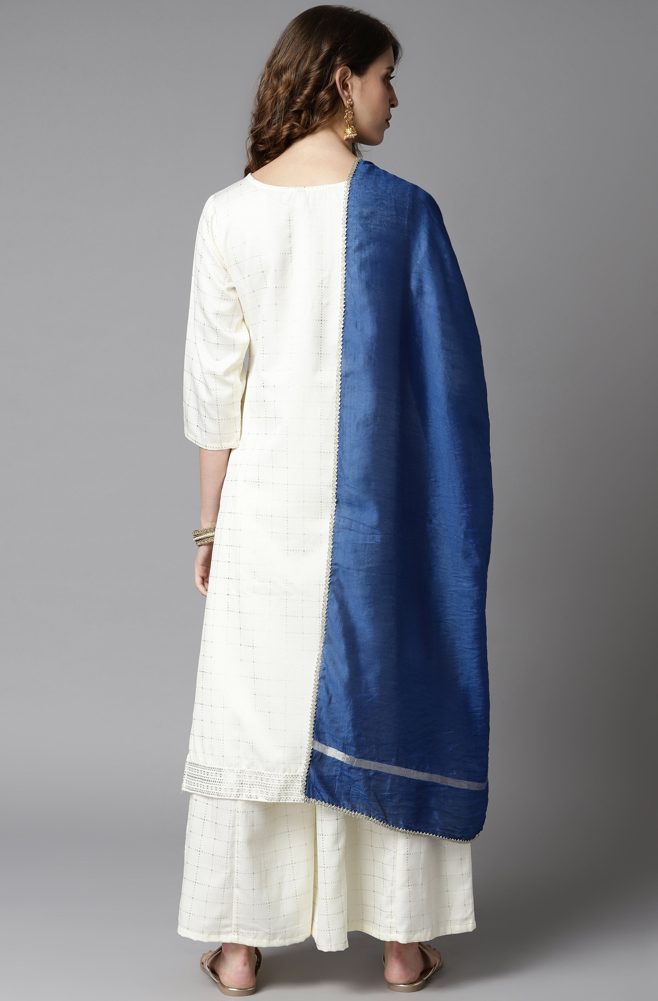 Janasya Women's Off- White Poly Silk Ethnic Motifs Kurta With Palazzo And Dupatta - Distacart