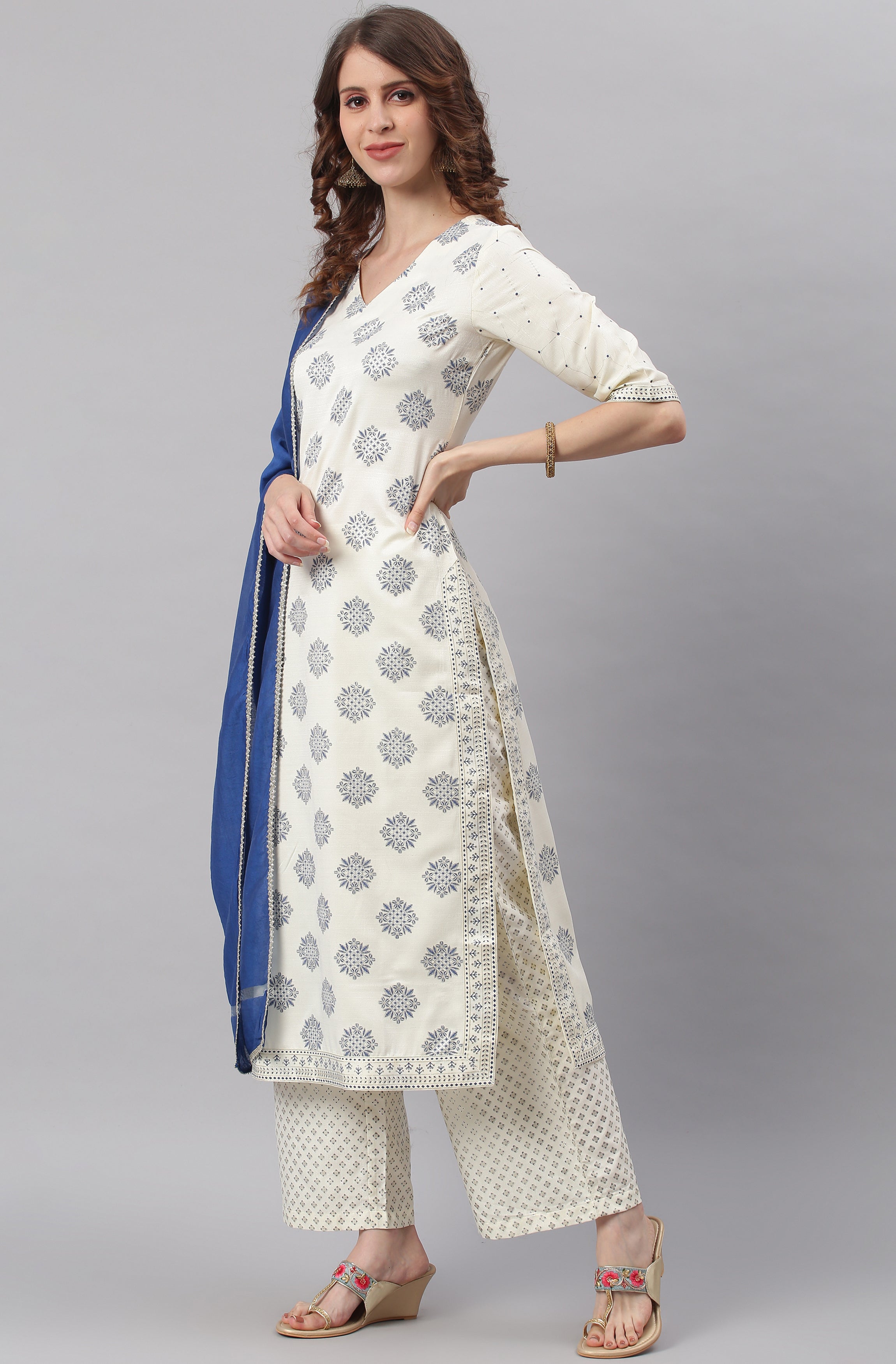Janasya Women's Off- White Poly Silk Ethnic Motifs Kurta With Palazzo And Dupatta - Distacart