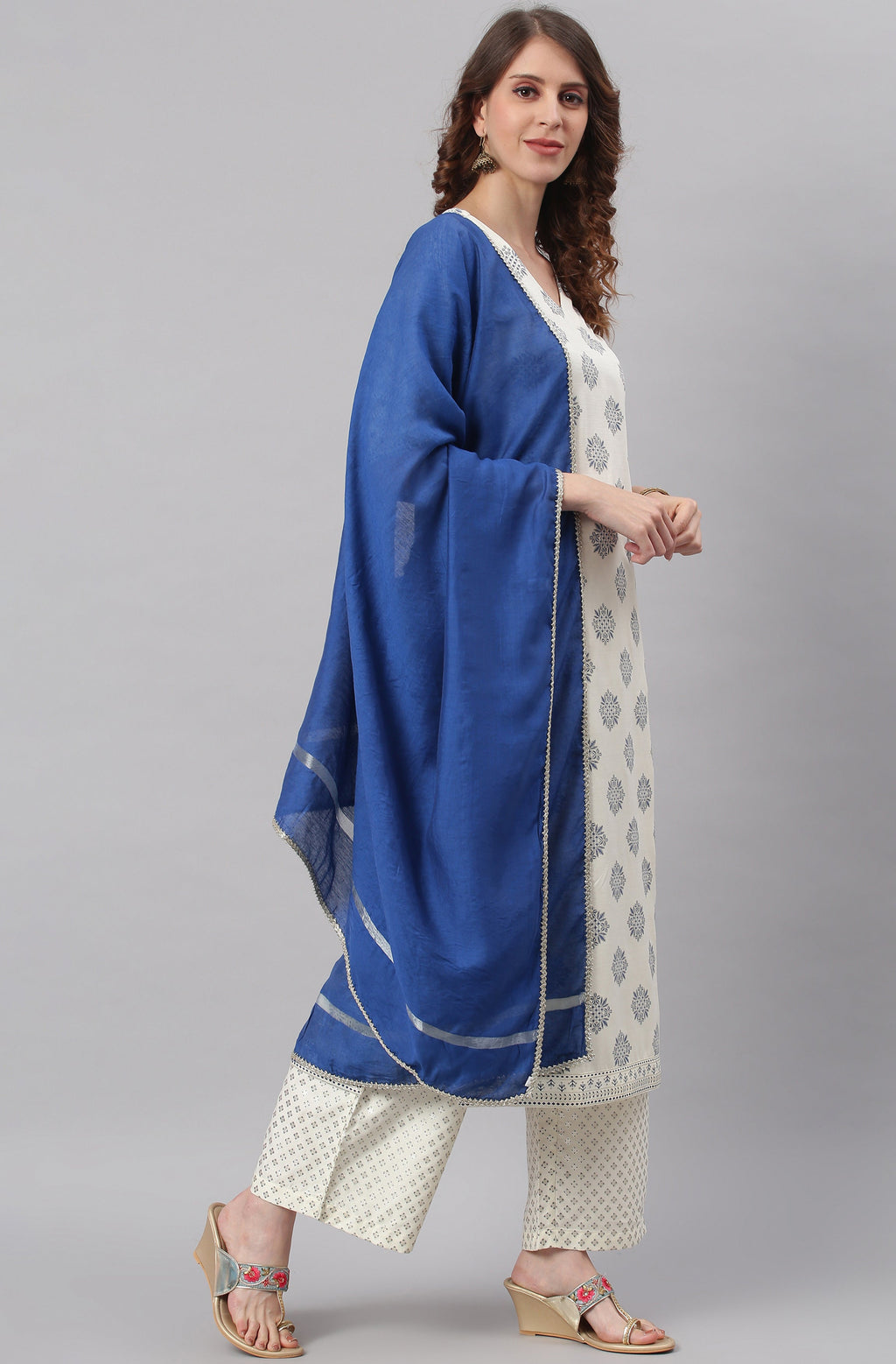 Janasya Women's Off- White Poly Silk Ethnic Motifs Kurta With Palazzo And Dupatta - Distacart