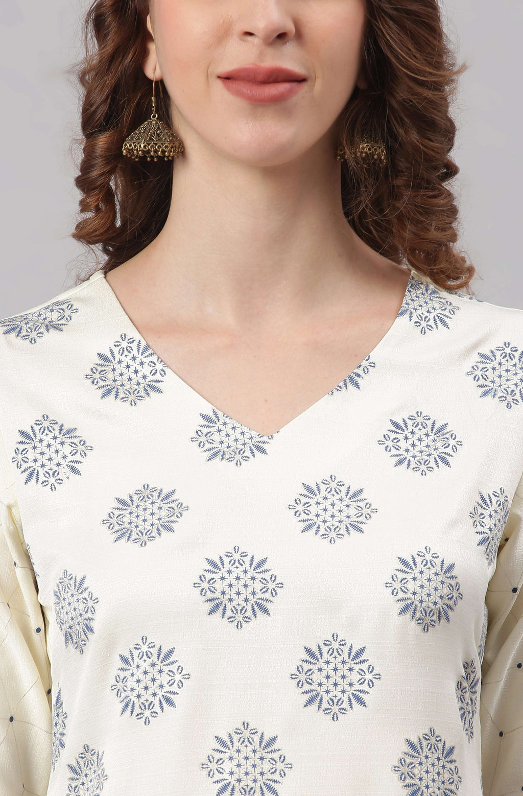 Janasya Women's Off- White Poly Silk Ethnic Motifs Kurta With Palazzo And Dupatta - Distacart