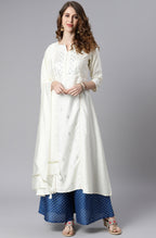 Janasya Women's Off- White Poly Silk Ethnic Motifs Kurta With Palazzo And Dupatta - Distacart