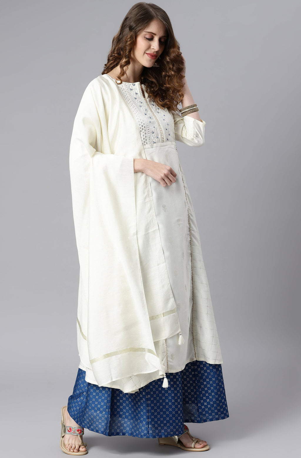 Janasya Women's Off- White Poly Silk Ethnic Motifs Kurta With Palazzo And Dupatta - Distacart