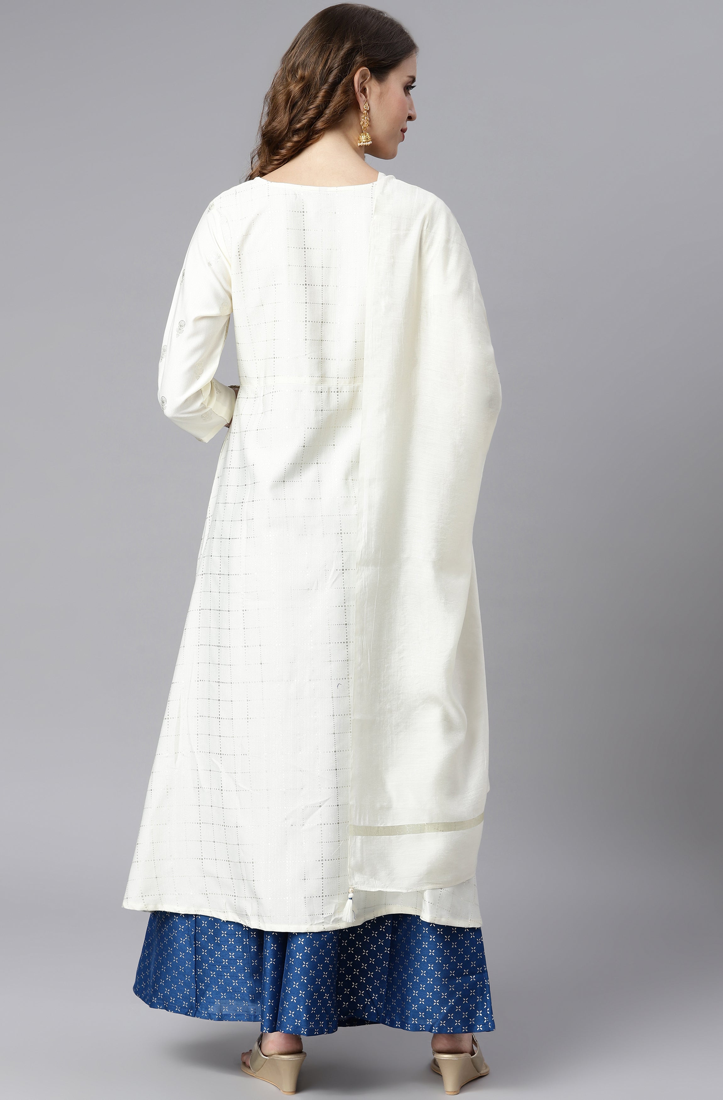 Janasya Women's Off- White Poly Silk Ethnic Motifs Kurta With Palazzo And Dupatta - Distacart
