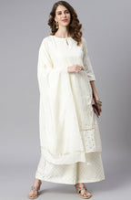 Janasya Women's Off- White Poly Silk Ethnic Motifs Kurta With Palazzo And Dupatta - Distacart