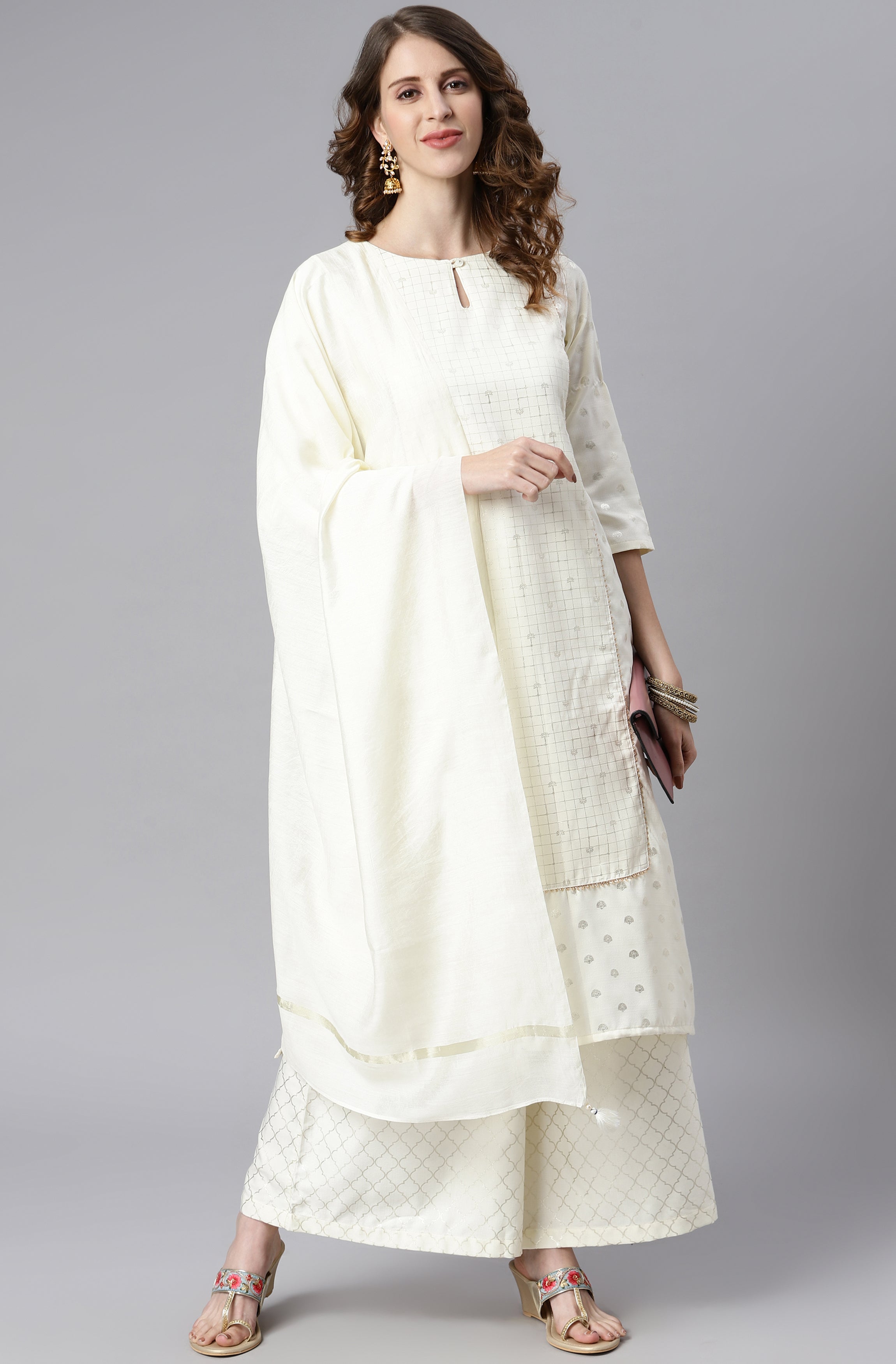 Janasya Women's Off- White Poly Silk Ethnic Motifs Kurta With Palazzo And Dupatta - Distacart