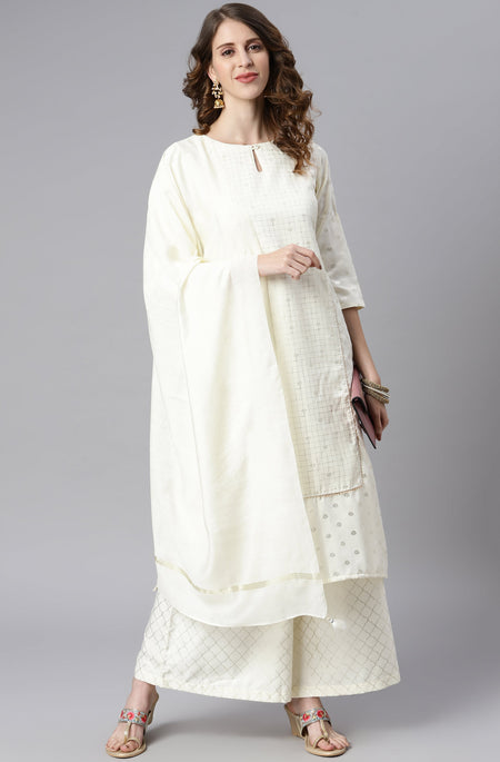 Janasya Women's Off- White Poly Silk Ethnic Motifs Kurta With Palazzo And Dupatta