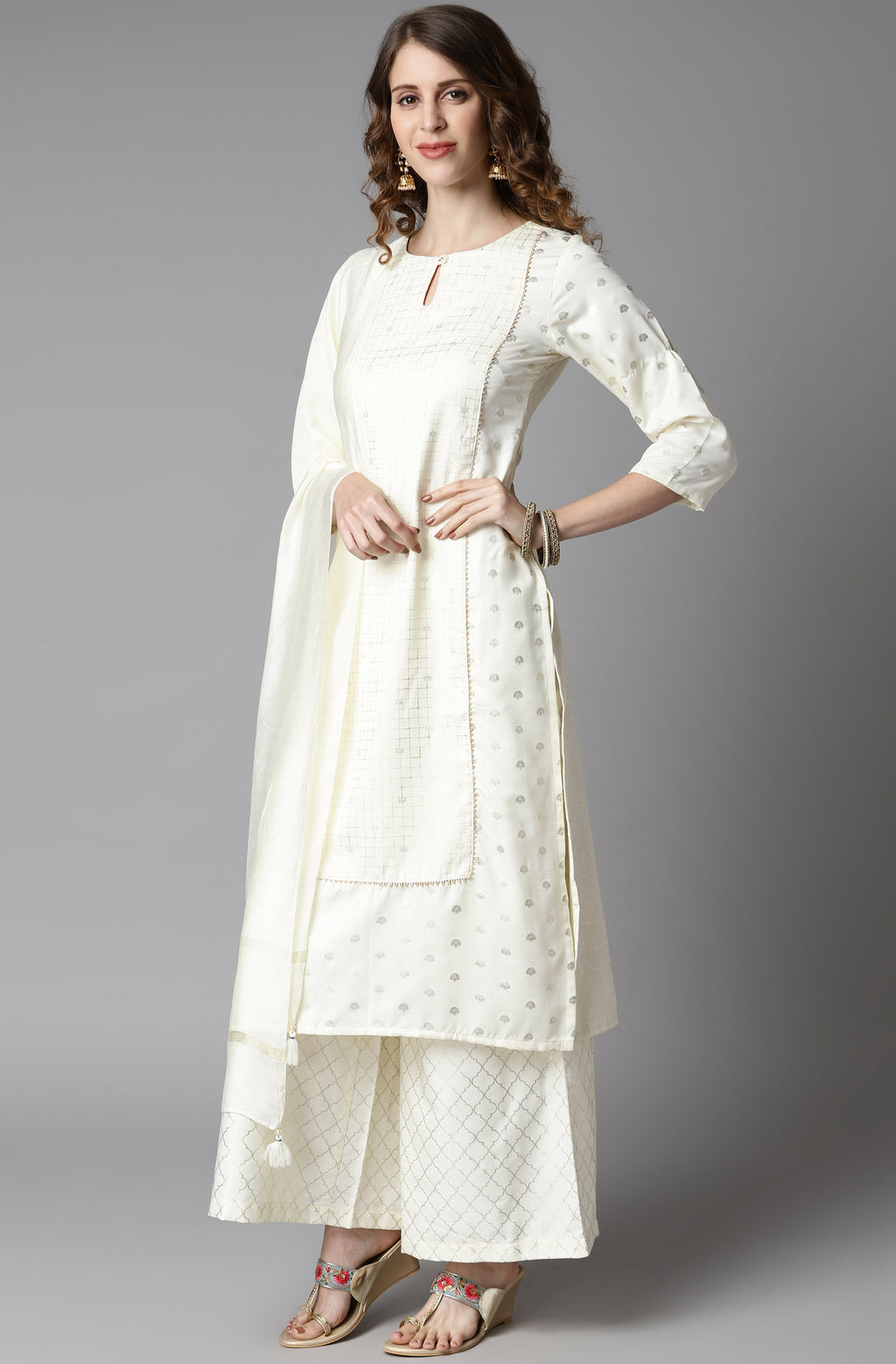 Janasya Women's Off- White Poly Silk Ethnic Motifs Kurta With Palazzo And Dupatta - Distacart