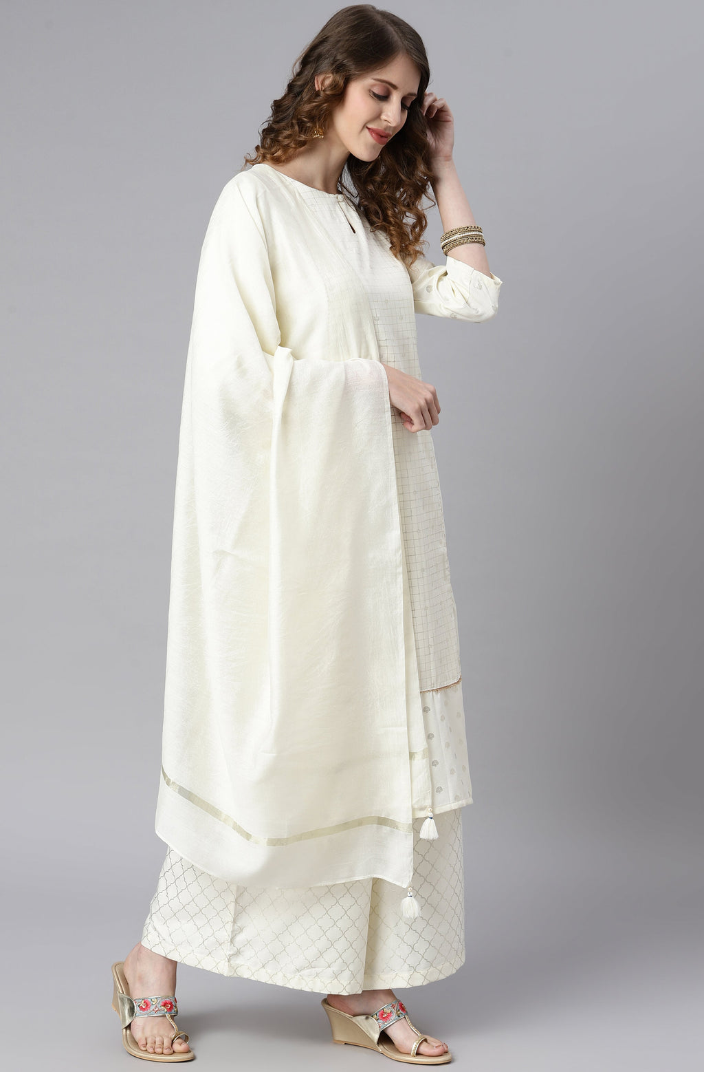 Janasya Women's Off- White Poly Silk Ethnic Motifs Kurta With Palazzo And Dupatta - Distacart