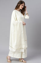 Janasya Women's Off- White Poly Silk Ethnic Motifs Kurta With Palazzo And Dupatta - Distacart