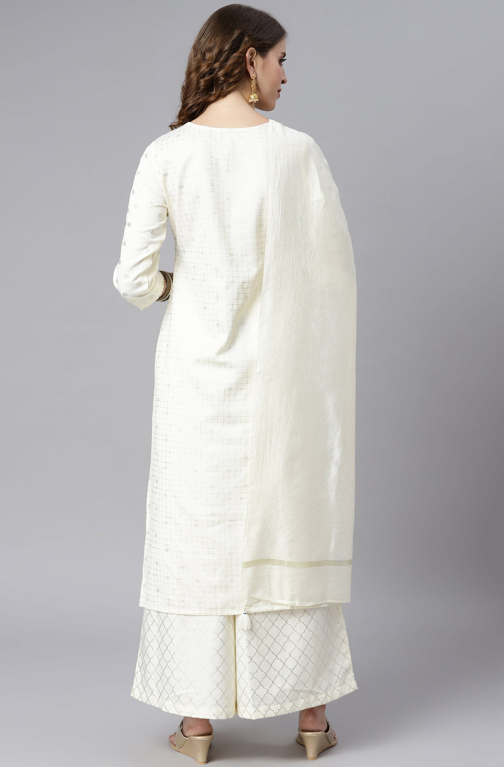 Janasya Women's Off- White Poly Silk Ethnic Motifs Kurta With Palazzo And Dupatta - Distacart