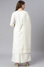 Janasya Women's Off- White Poly Silk Ethnic Motifs Kurta With Palazzo And Dupatta - Distacart