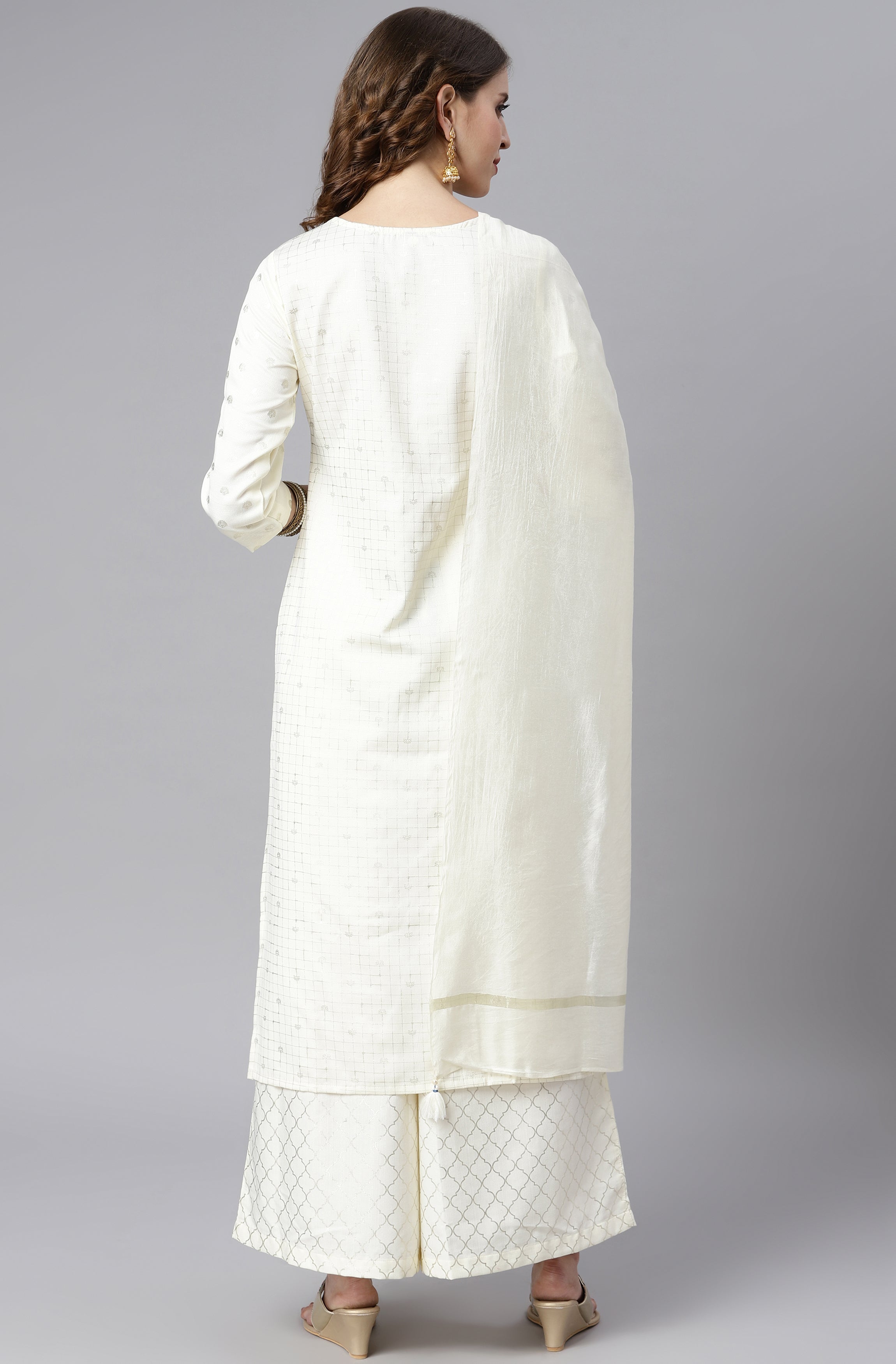 Janasya Women's Off- White Poly Silk Ethnic Motifs Kurta With Palazzo And Dupatta - Distacart