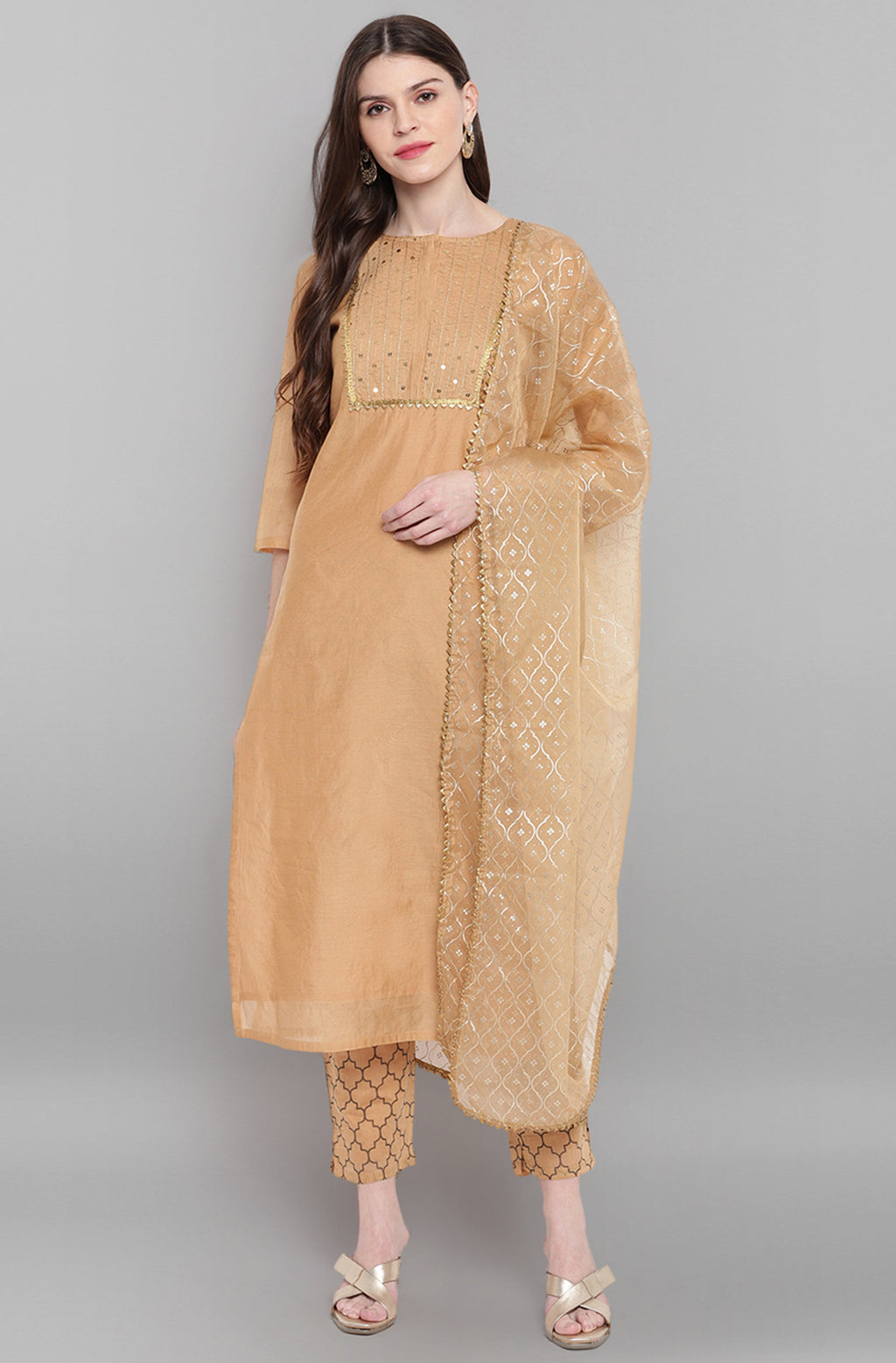 Janasya Women's Gold Poly Chanderi Embellished Kurta With Pant And Dupatta - Distacart