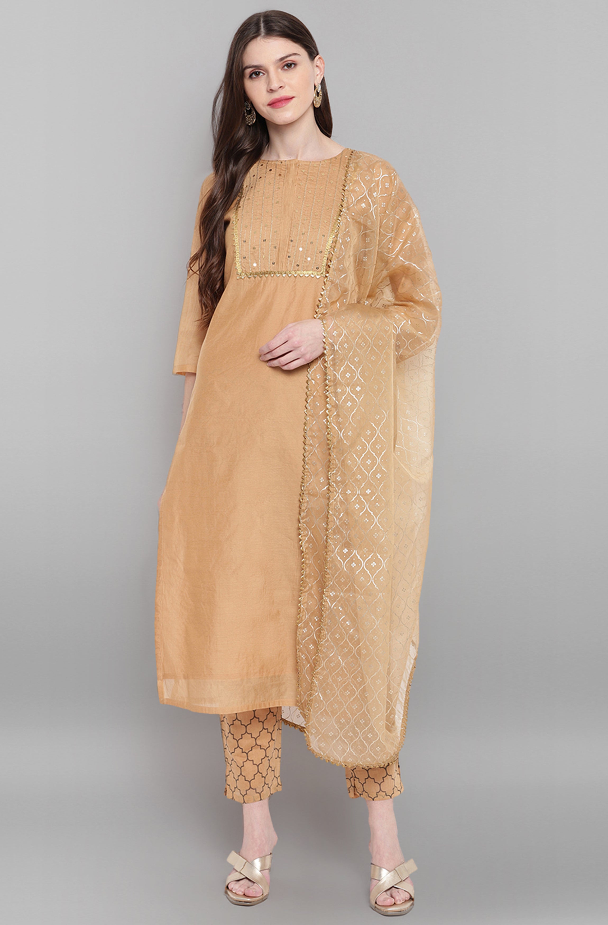 Janasya Women's Gold Poly Chanderi Embellished Kurta With Pant And Dupatta - Distacart