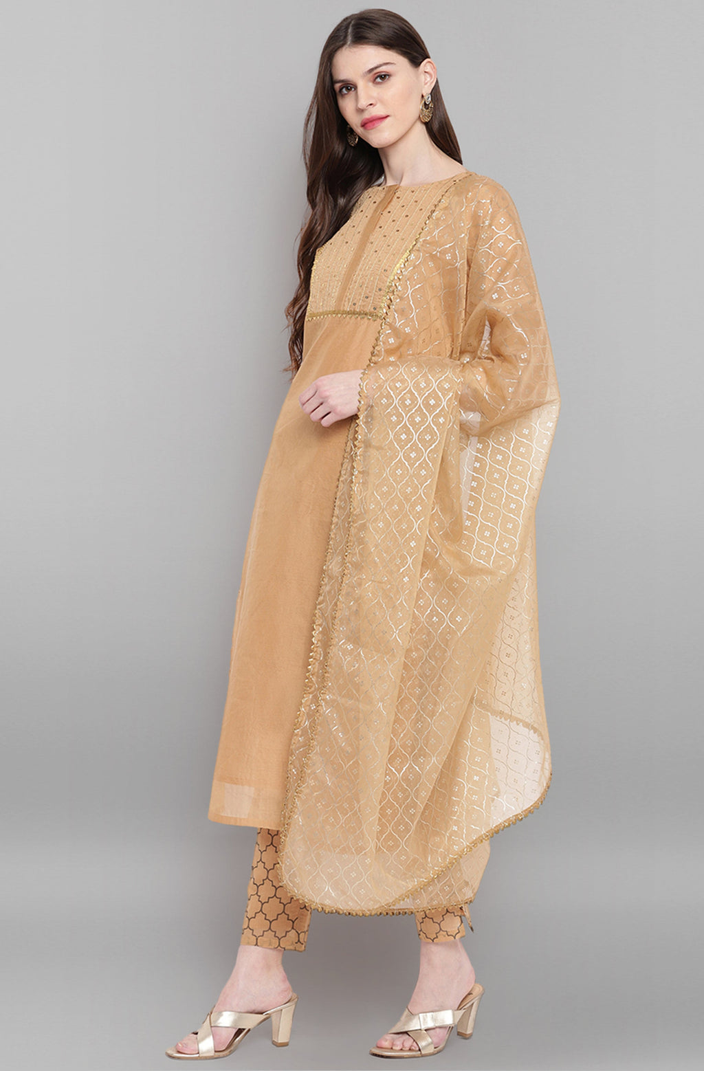 Janasya Women's Gold Poly Chanderi Embellished Kurta With Pant And Dupatta - Distacart