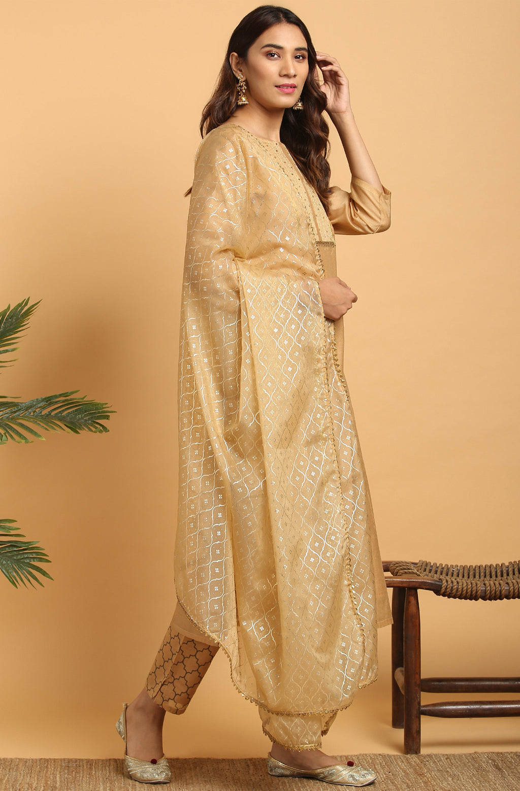 Janasya Women's Gold Poly Chanderi Embellished Kurta With Pant And Dupatta - Distacart