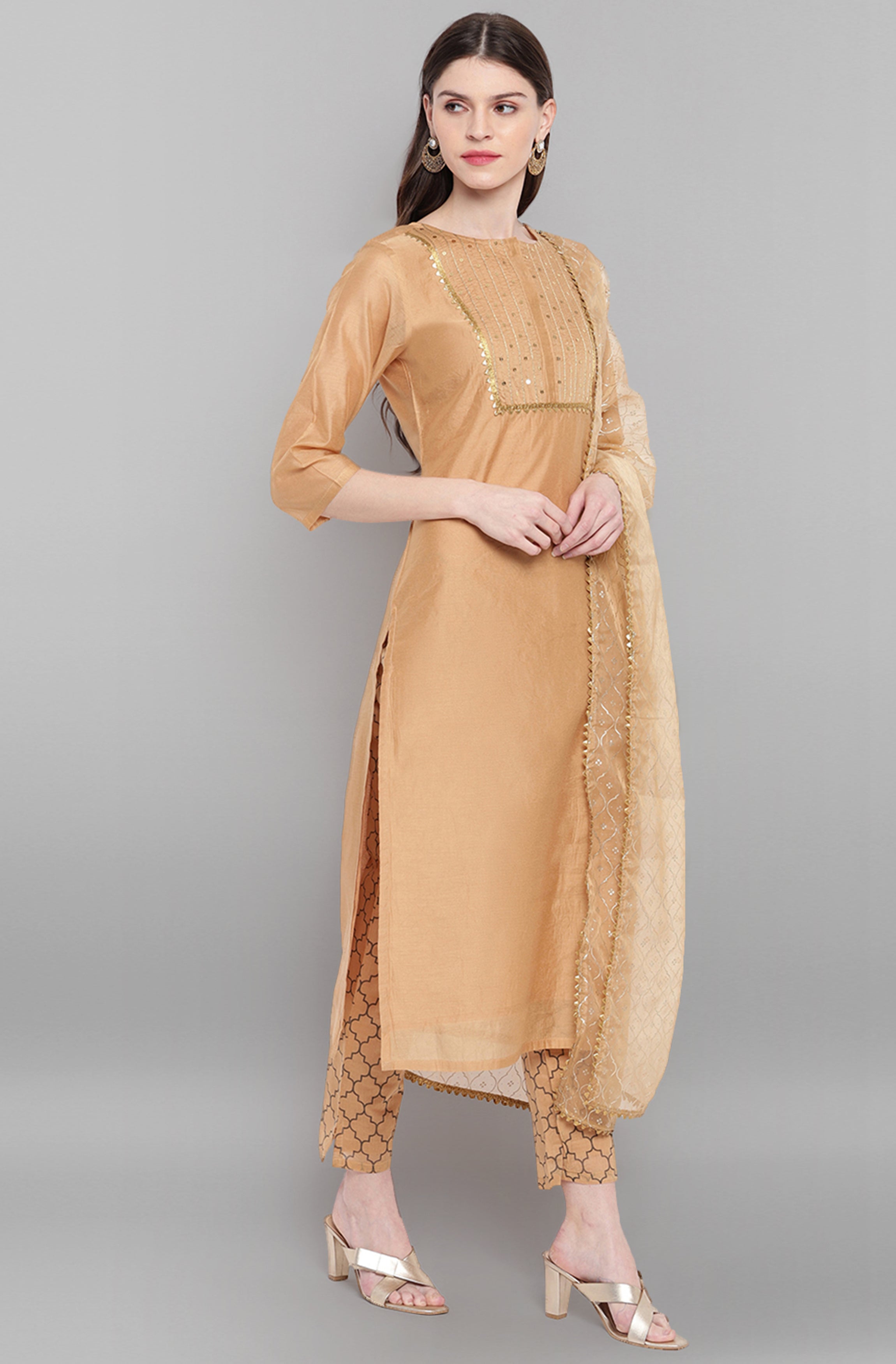 Janasya Women's Gold Poly Chanderi Embellished Kurta With Pant And Dupatta - Distacart
