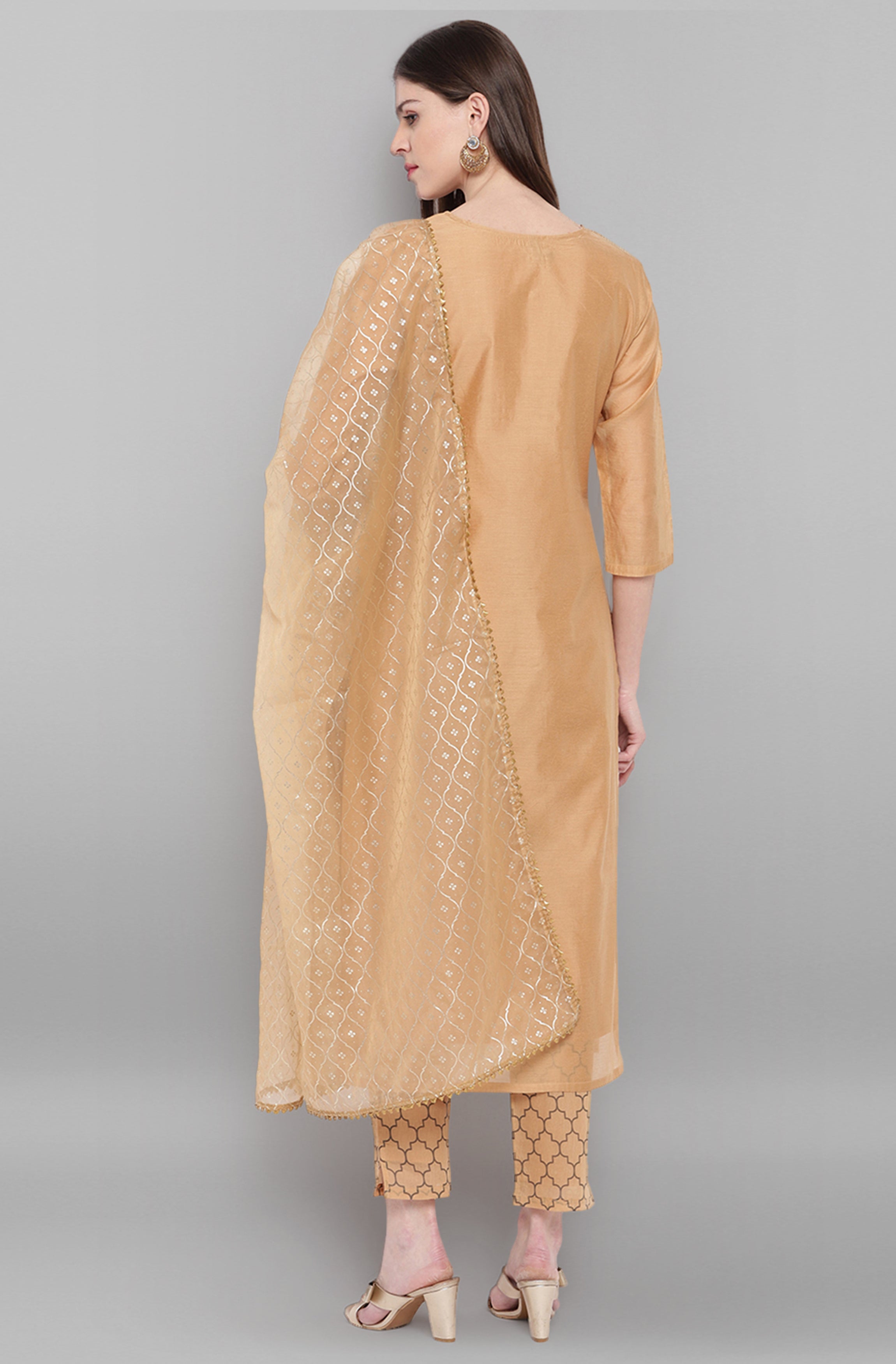 Janasya Women's Gold Poly Chanderi Embellished Kurta With Pant And Dupatta - Distacart