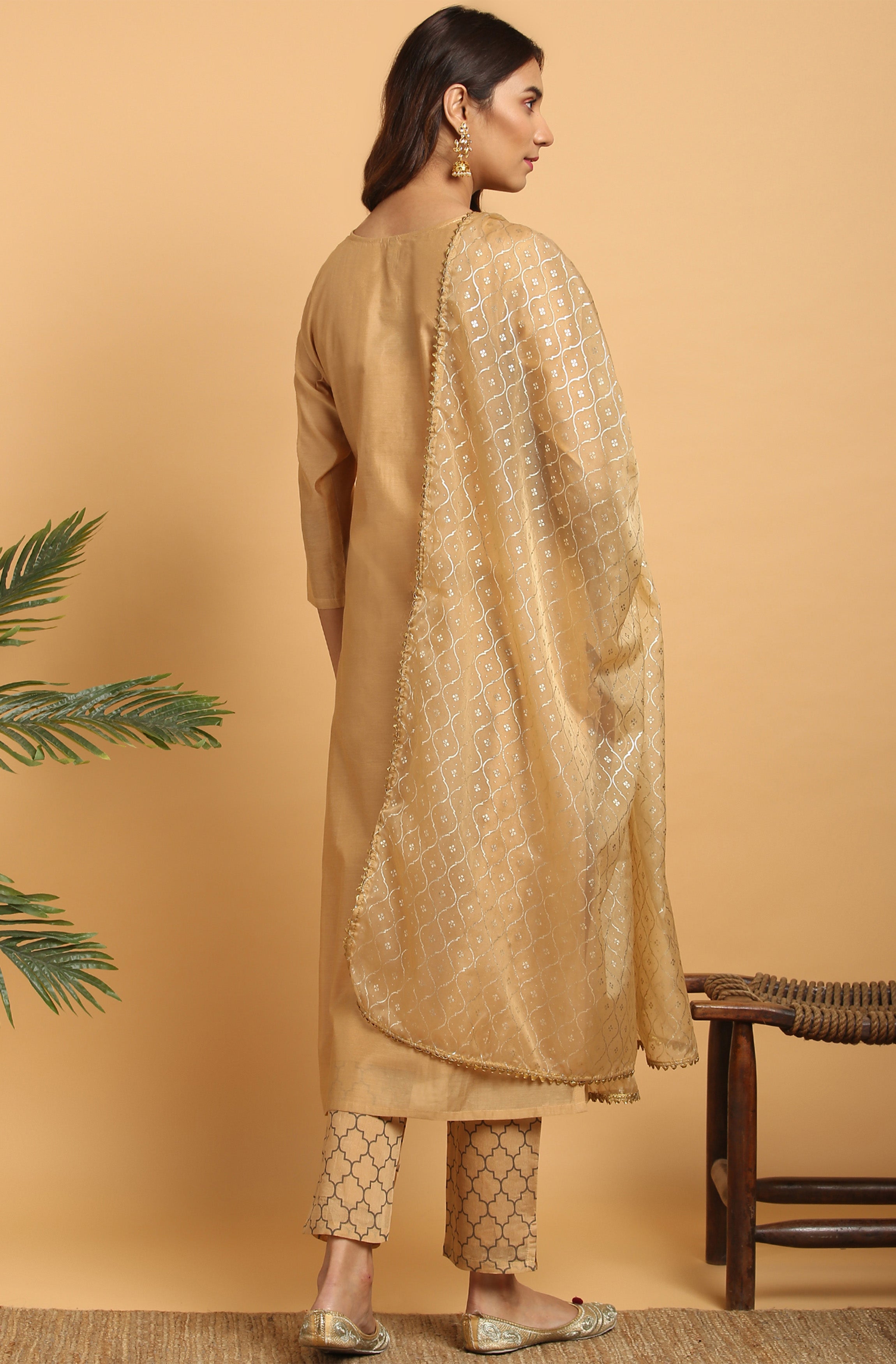 Janasya Women's Gold Poly Chanderi Embellished Kurta With Pant And Dupatta - Distacart