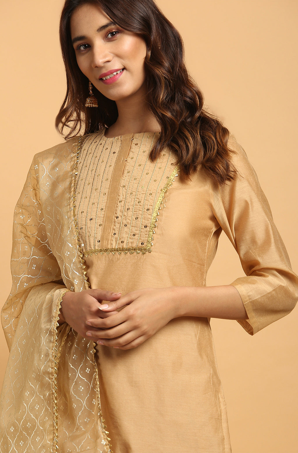 Janasya Women's Gold Poly Chanderi Embellished Kurta With Pant And Dupatta - Distacart