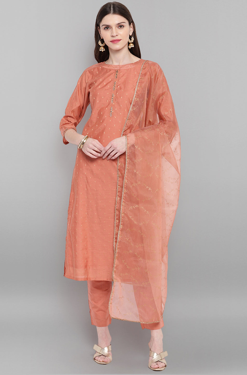 Janasya Women's Rose Gold Poly Muslin Embroidered Kurta With Pant And Dupatta - Distacart