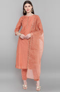 Janasya Women's Rose Gold Poly Muslin Embroidered Kurta With Pant And Dupatta - Distacart