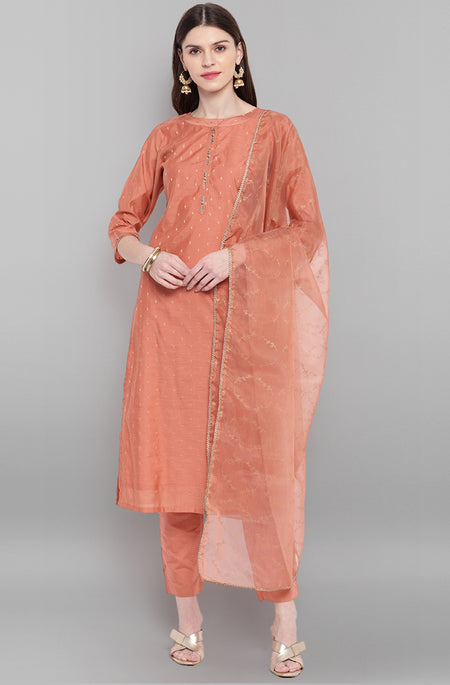 Janasya Women's Rose Gold Poly Muslin Embroidered Kurta With Pant And Dupatta