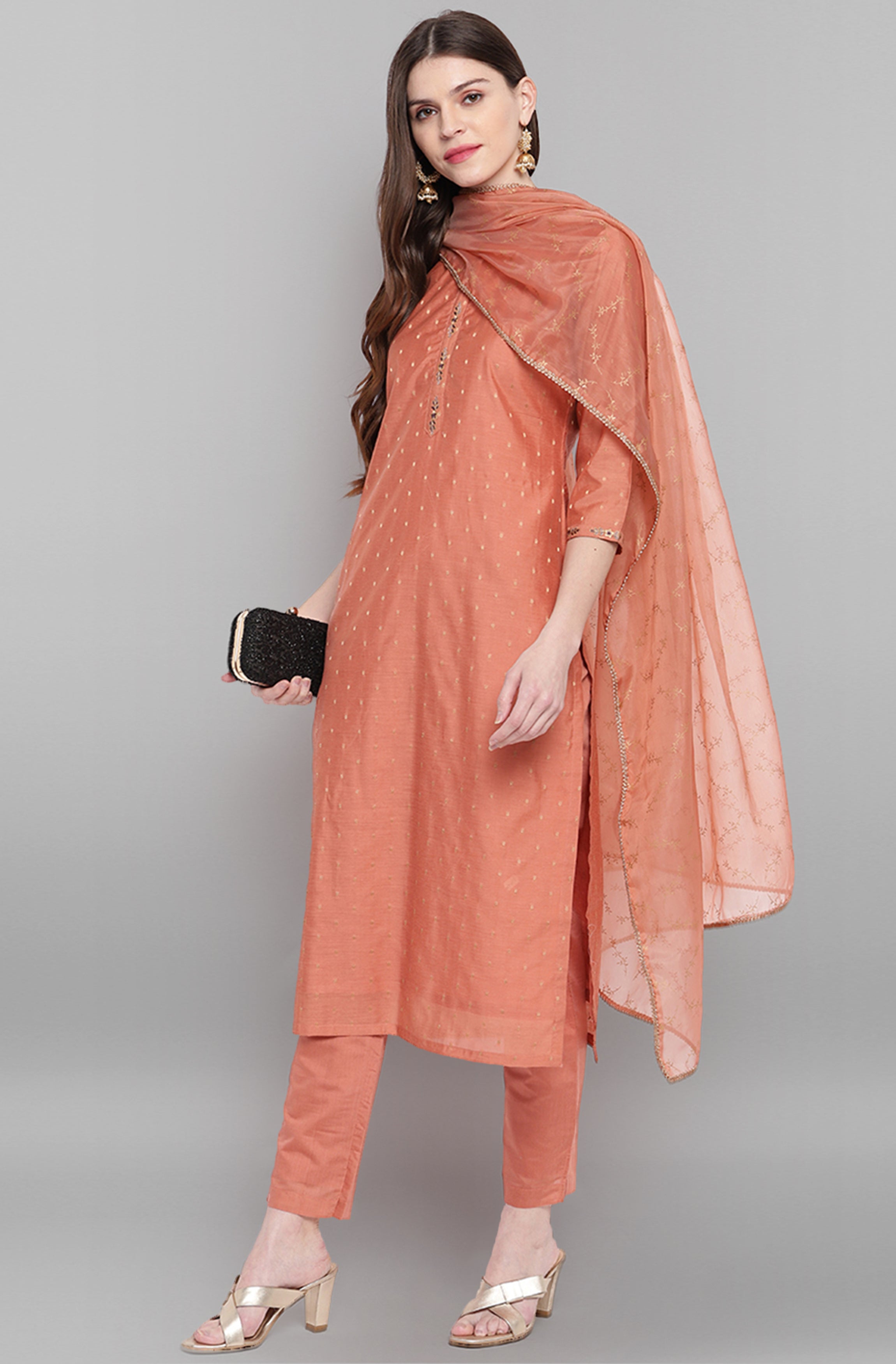 Janasya Women's Rose Gold Poly Muslin Embroidered Kurta With Pant And Dupatta - Distacart