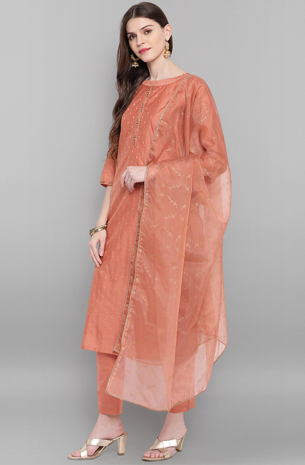 Janasya Women's Rose Gold Poly Muslin Embroidered Kurta With Pant And Dupatta - Distacart