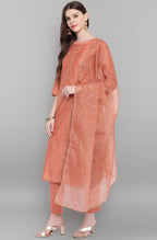 Janasya Women's Rose Gold Poly Muslin Embroidered Kurta With Pant And Dupatta - Distacart