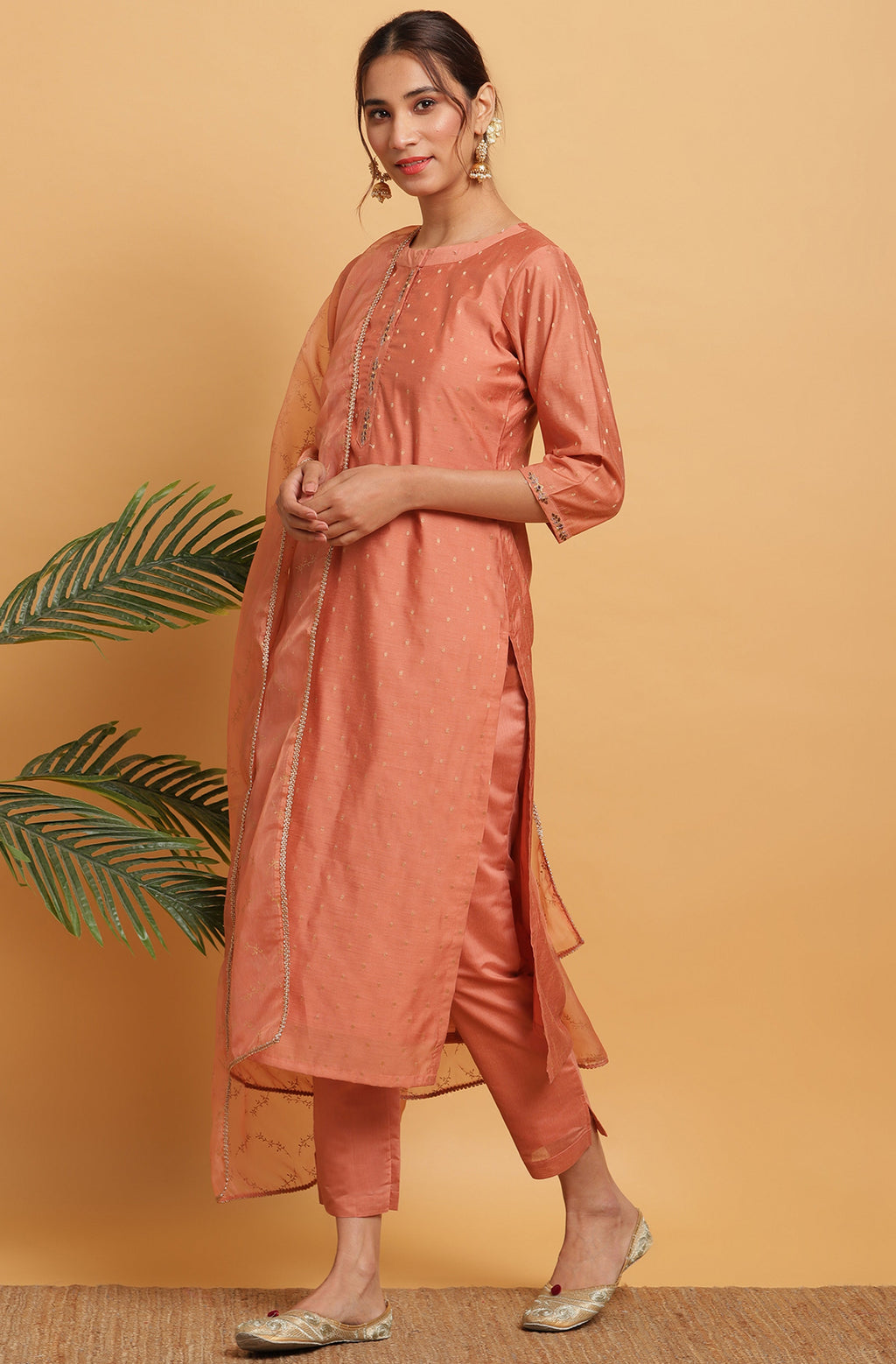 Janasya Women's Rose Gold Poly Muslin Embroidered Kurta With Pant And Dupatta - Distacart