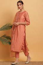 Janasya Women's Rose Gold Poly Muslin Embroidered Kurta With Pant And Dupatta - Distacart