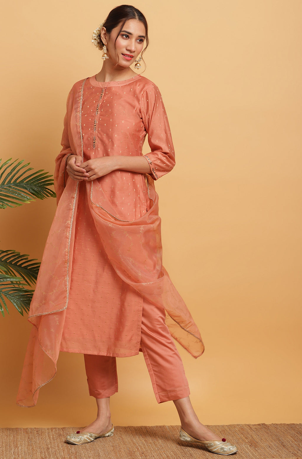 Janasya Women's Rose Gold Poly Muslin Embroidered Kurta With Pant And Dupatta - Distacart