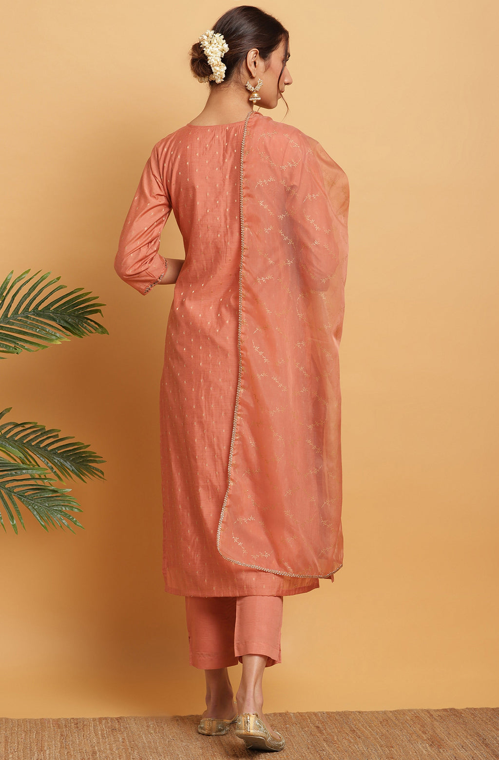 Janasya Women's Rose Gold Poly Muslin Embroidered Kurta With Pant And Dupatta - Distacart