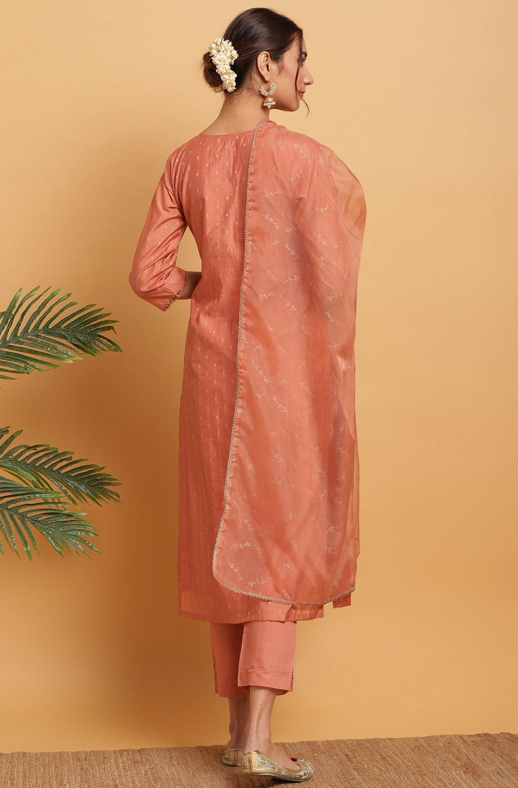 Janasya Women's Rose Gold Poly Muslin Embroidered Kurta With Pant And Dupatta - Distacart