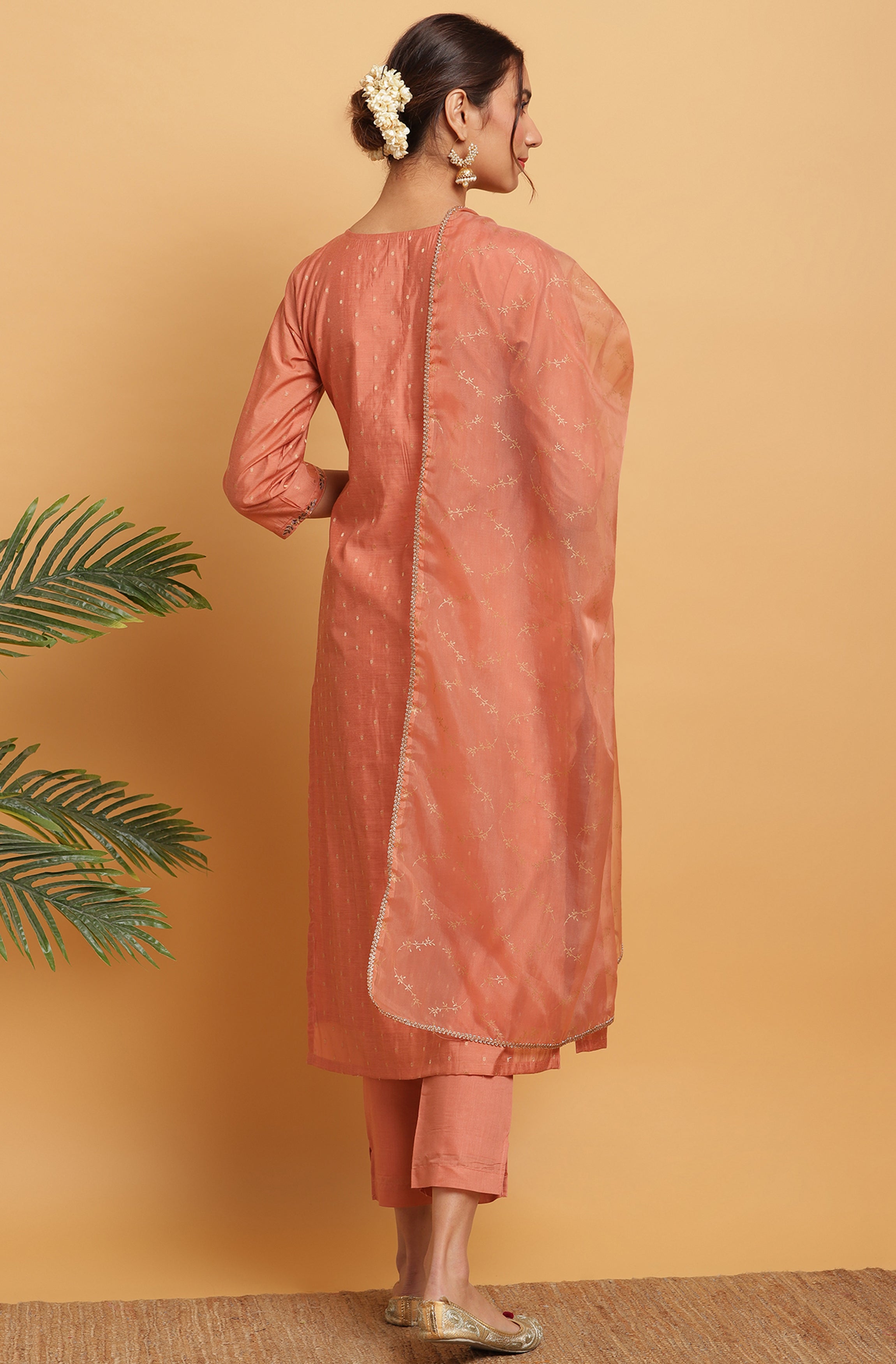 Janasya Women's Rose Gold Poly Muslin Embroidered Kurta With Pant And Dupatta - Distacart